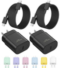 Two black USB-C fast wall chargers with coiled cables and a row of colorful chargers and cables below.