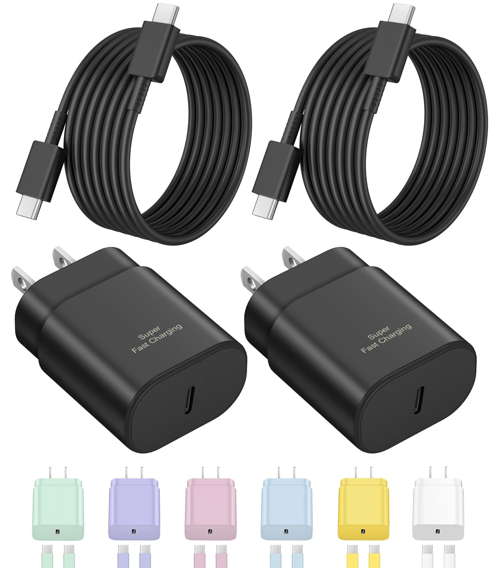 Two black USB-C fast wall chargers with coiled cables and a row of colorful chargers and cables below.