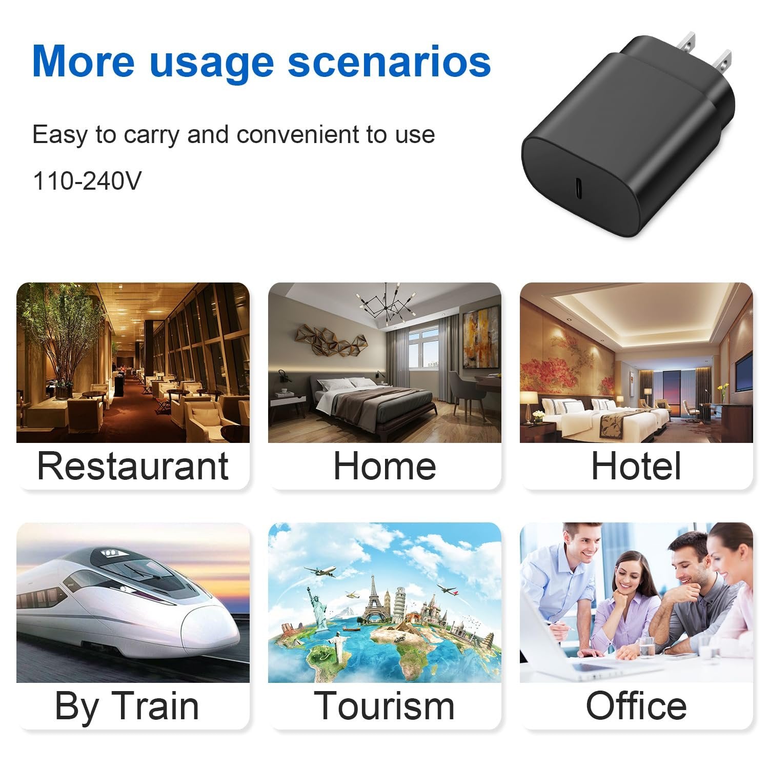 Black USB-C fast wall charger adapter shown from an angle, with overlay images depicting various usage scenarios like restaurant, home, hotel, train, tourism, and office.