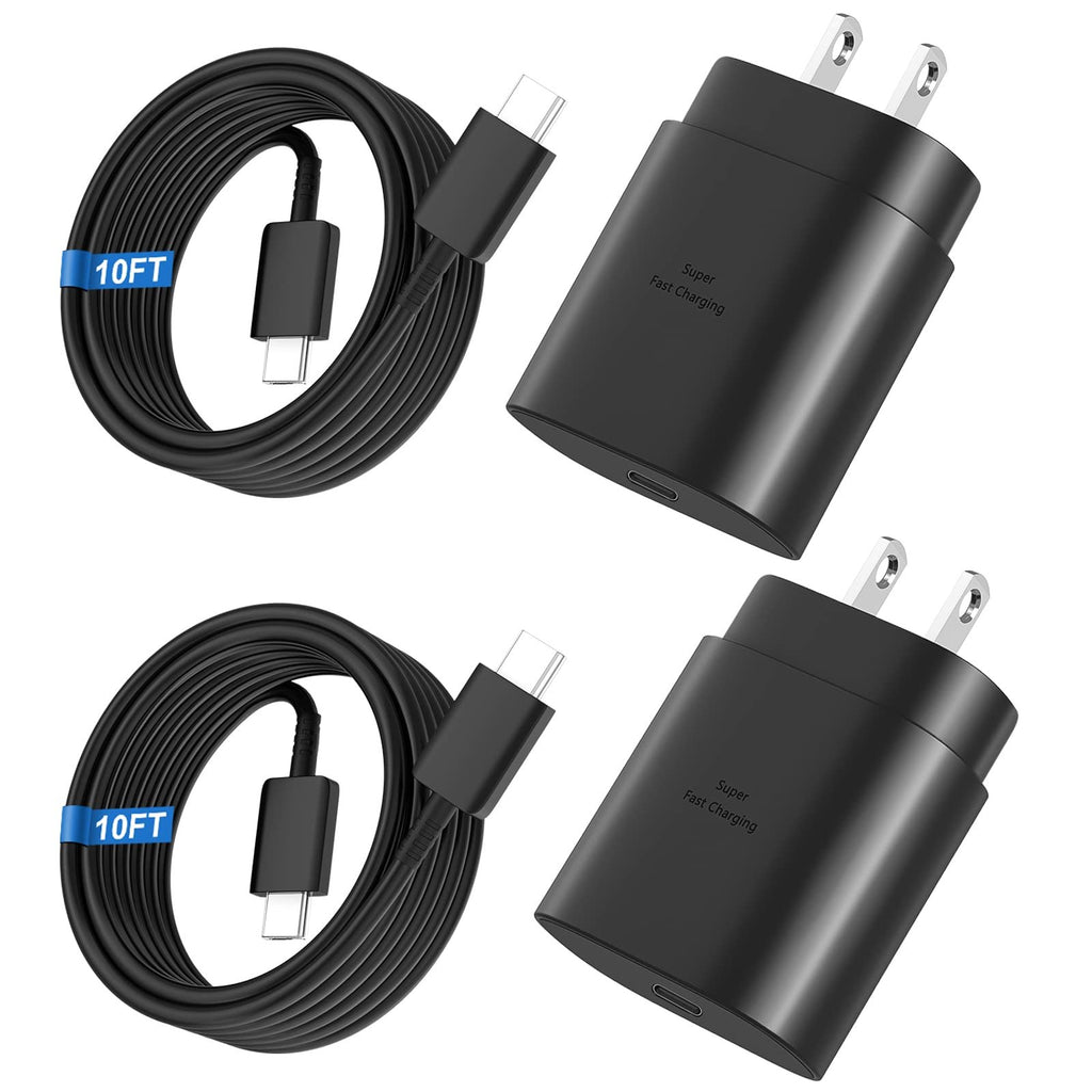 Two black USB-C wall chargers and two 10FT USB-C cables arranged on a white background.