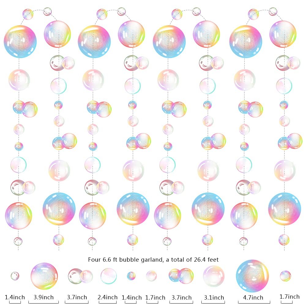 Transparent bubble garland with iridescent rainbow colors, shown in multiple strands with size indicators below.