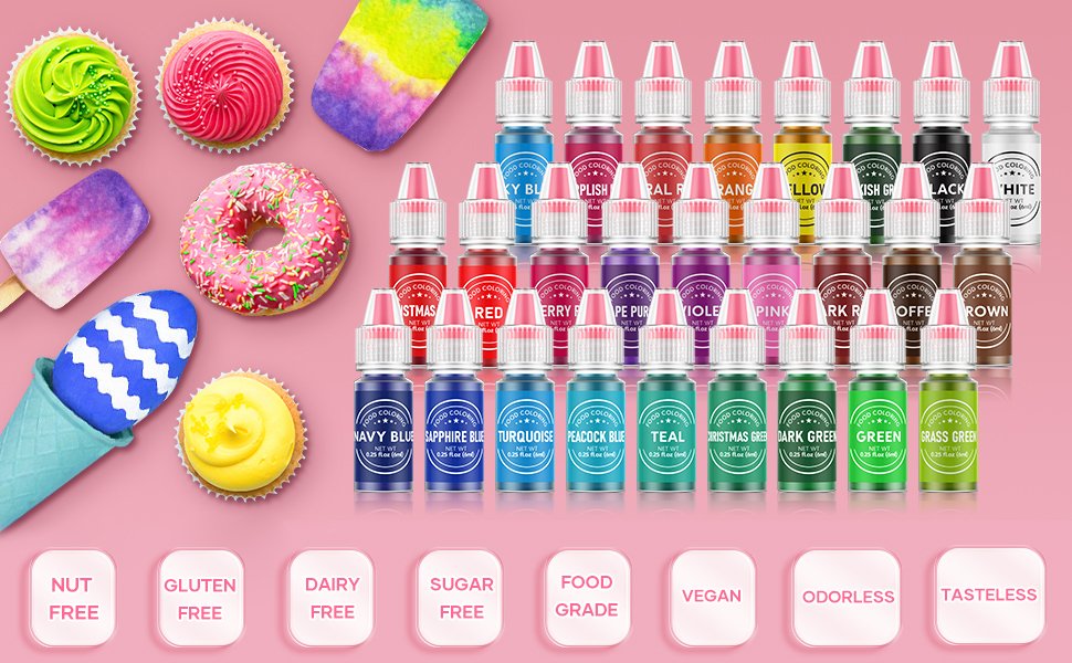 Collection of 26 liquid food coloring bottles with various baked goods and frozen treats on a pink background.
