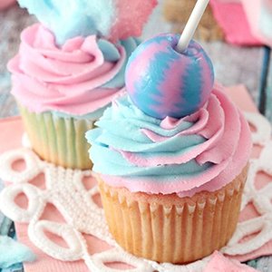 Two cupcakes decorated with pink and blue frosting, one topped with a blue and pink swirled candy on a stick.