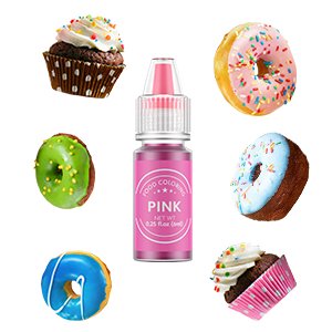 Pink liquid food coloring bottle surrounded by decorated cupcakes and donuts