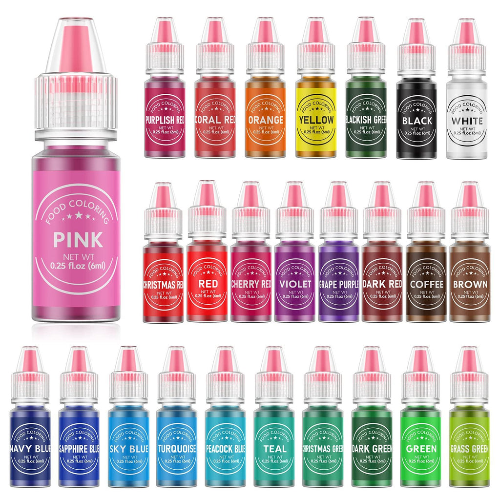A collection of 26 bottles of liquid food coloring in various colors, arranged in rows on a white background.
