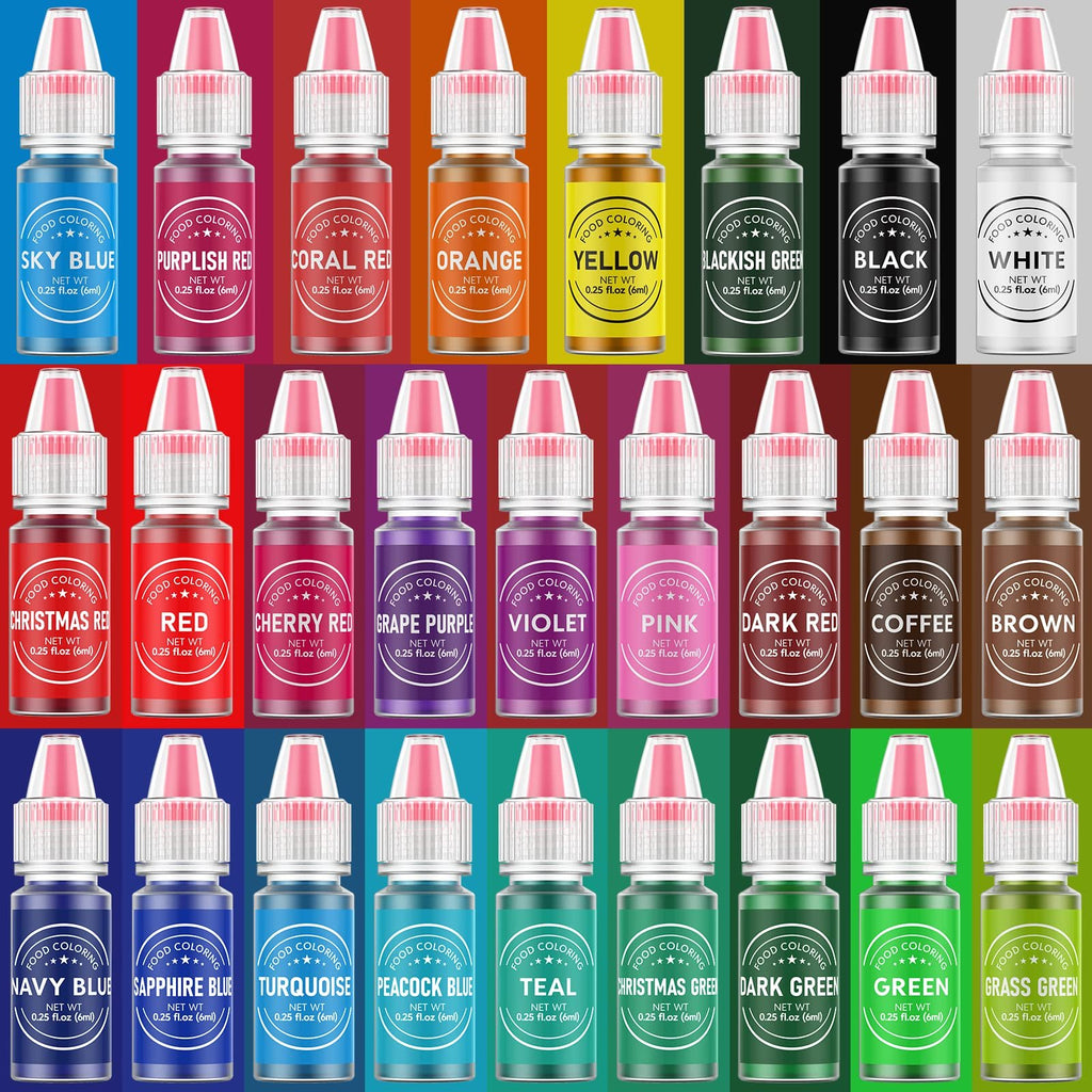 26 bottles of liquid food coloring in various colors, arranged in three rows on a gradient background.
