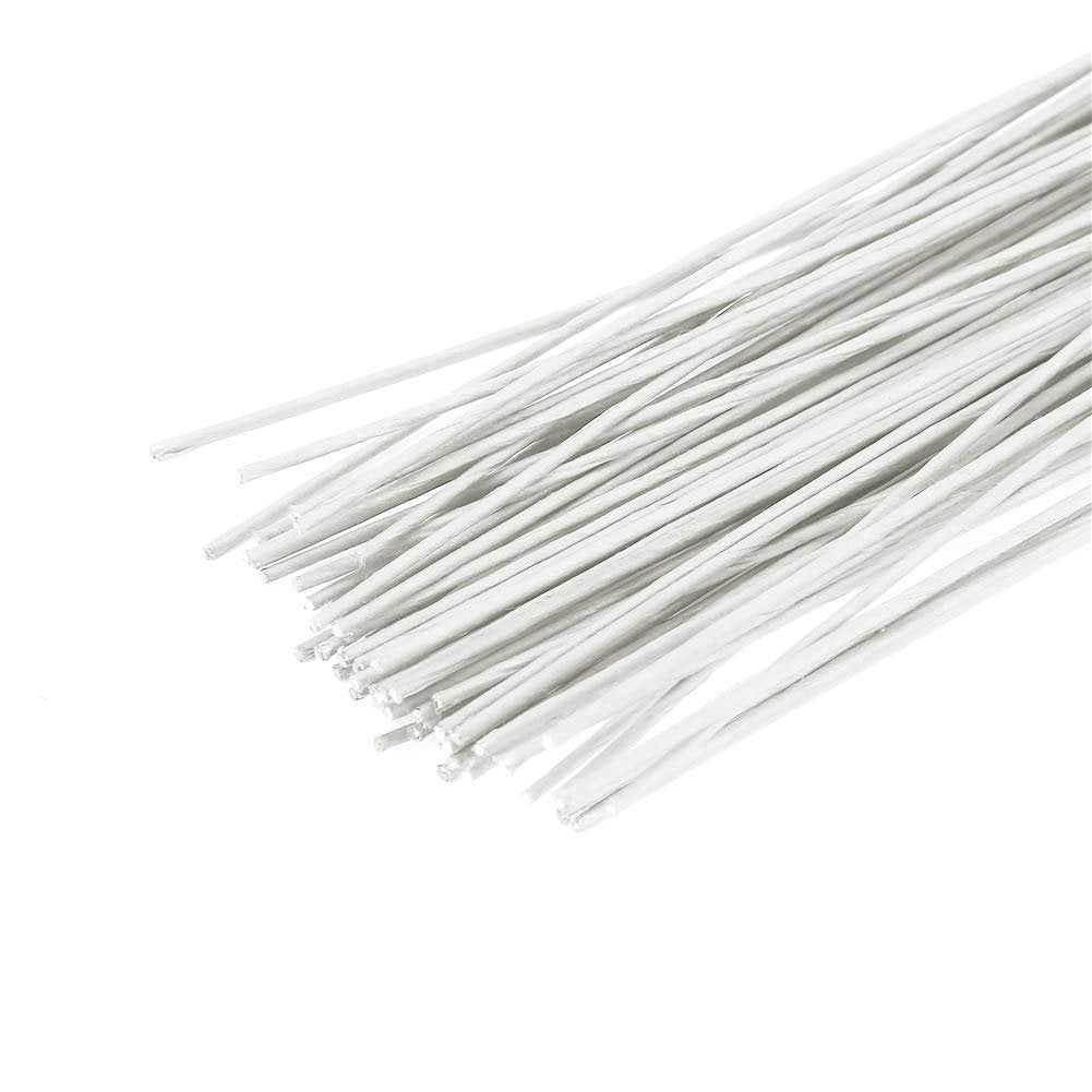 Bundle of 16-inch white paper-wrapped floral wire stems on a white background, close-up view
