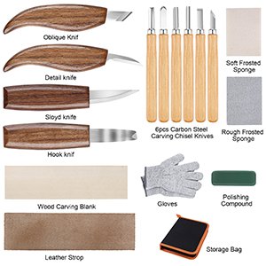 Wood carving kit contents including knives, gloves, sharpening stones, wood blank, leather strop, and storage bag.