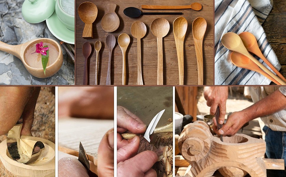 Collage of wooden spoons and wood carving process, showing spoons on wood and cloth, and hands carving wood.
