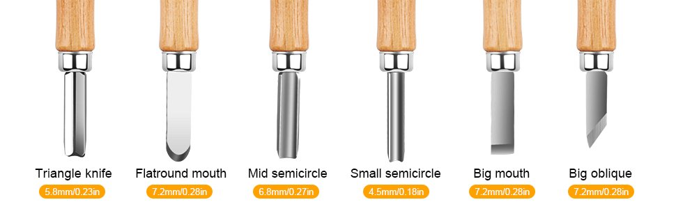 Close-up view of six wood carving knife blades with wooden handles, each labeled with its type and size.
