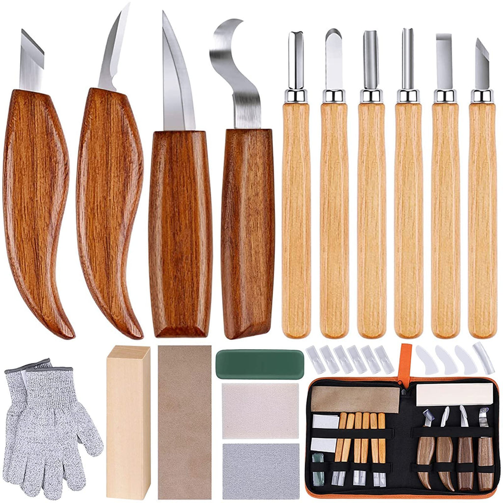 Wood carving kit with various knives, gloves, sharpening stones, wood blanks, and a storage case.