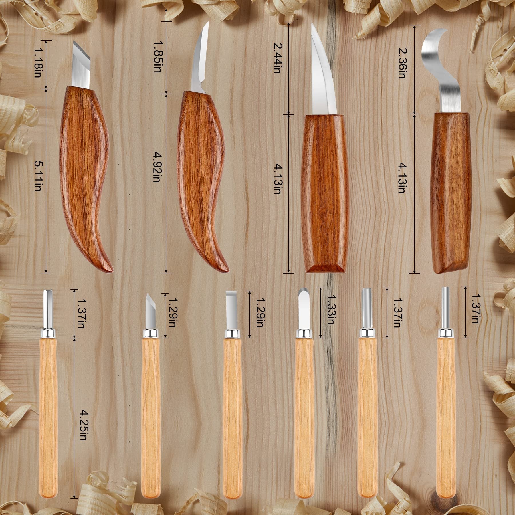 Set of wood carving knives with dimensions labeled, arranged on a wooden surface with wood shavings.