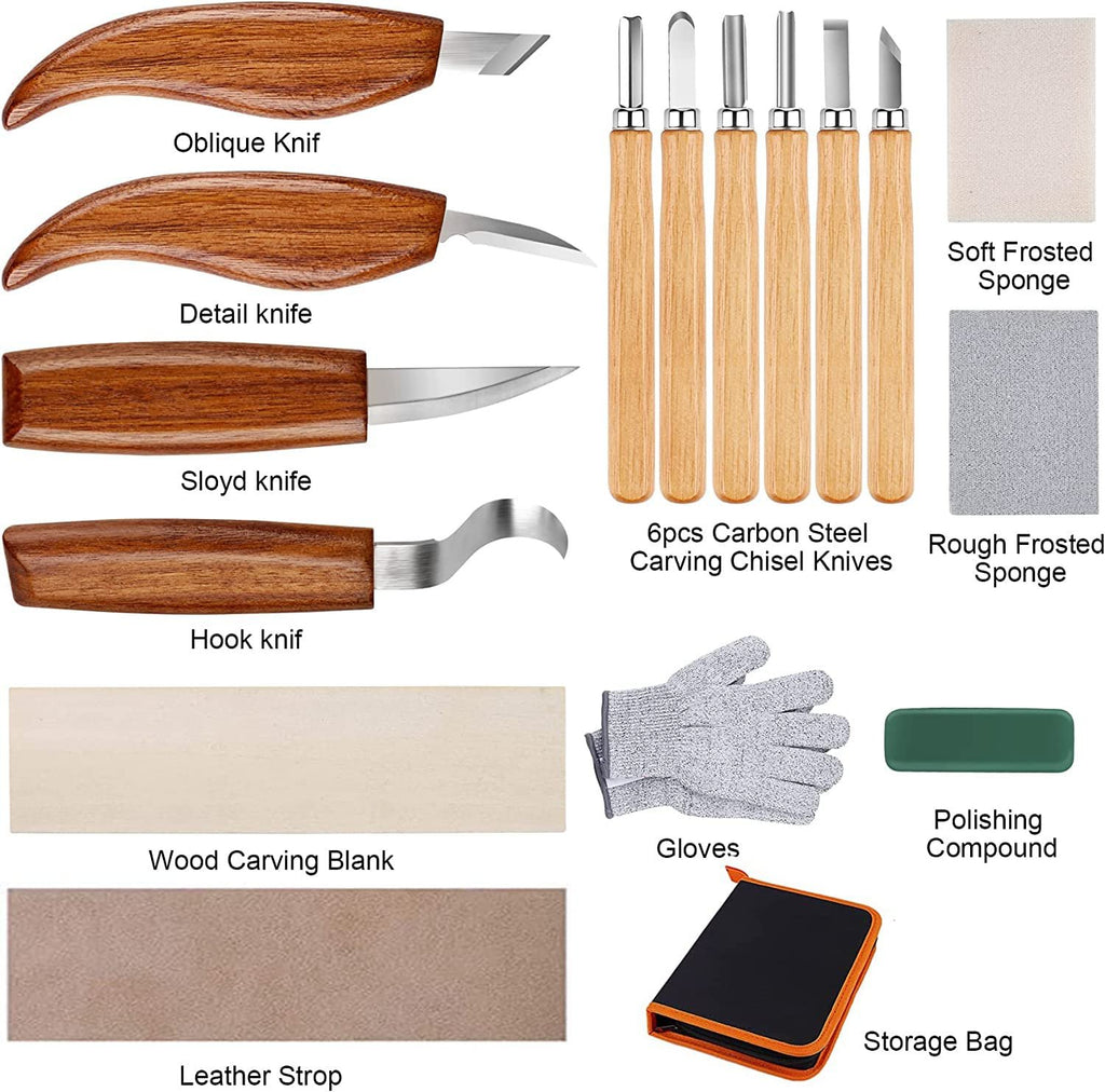 Wood carving kit contents including oblique, detail, sloyd, and hook knives, chisel knives, gloves, sponges, polishing compound, wood blank, leather strop, and storage bag.
