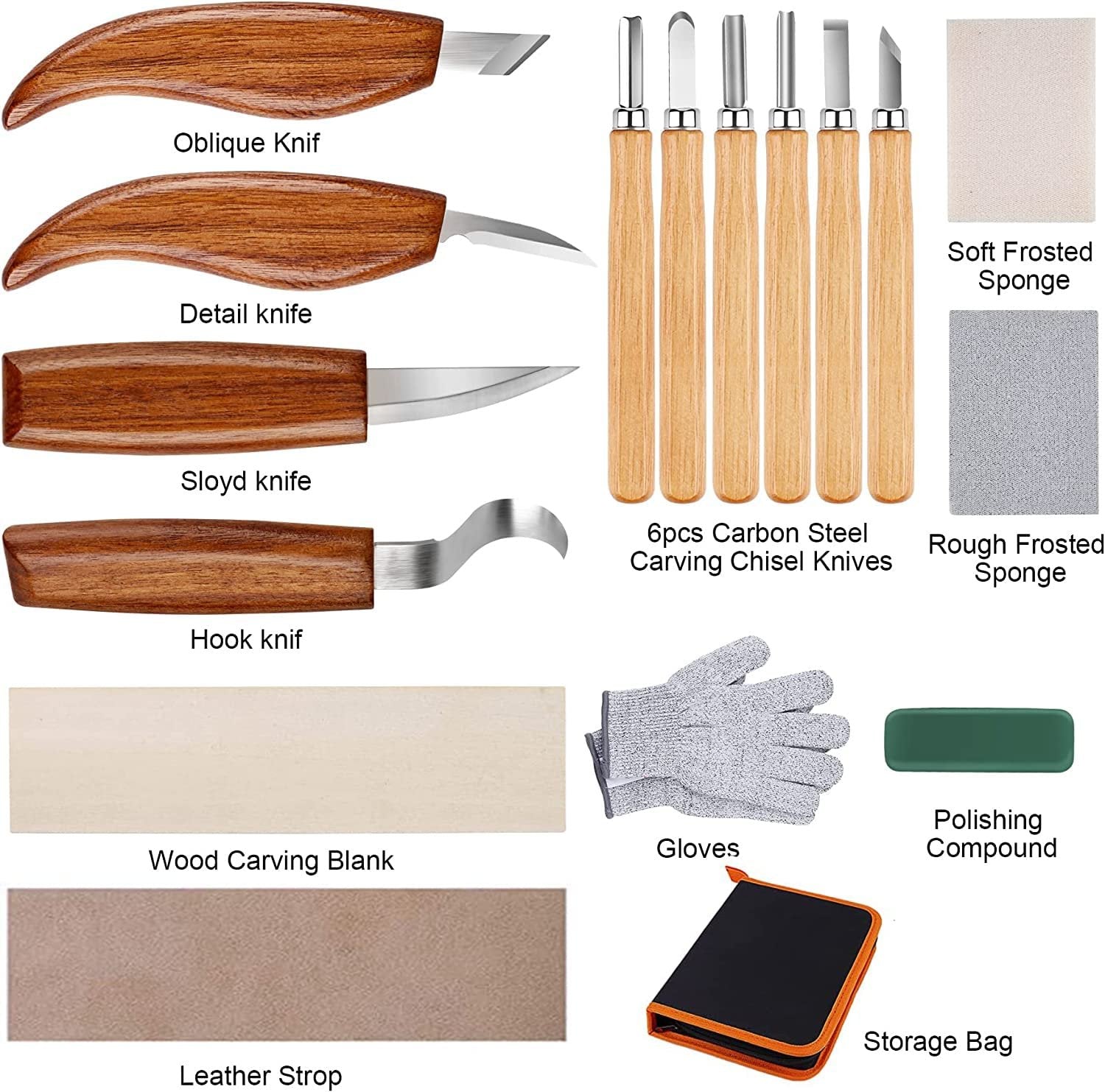 Wood carving kit contents including oblique, detail, sloyd, and hook knives, chisel knives, gloves, sponges, polishing compound, wood blank, leather strop, and storage bag.