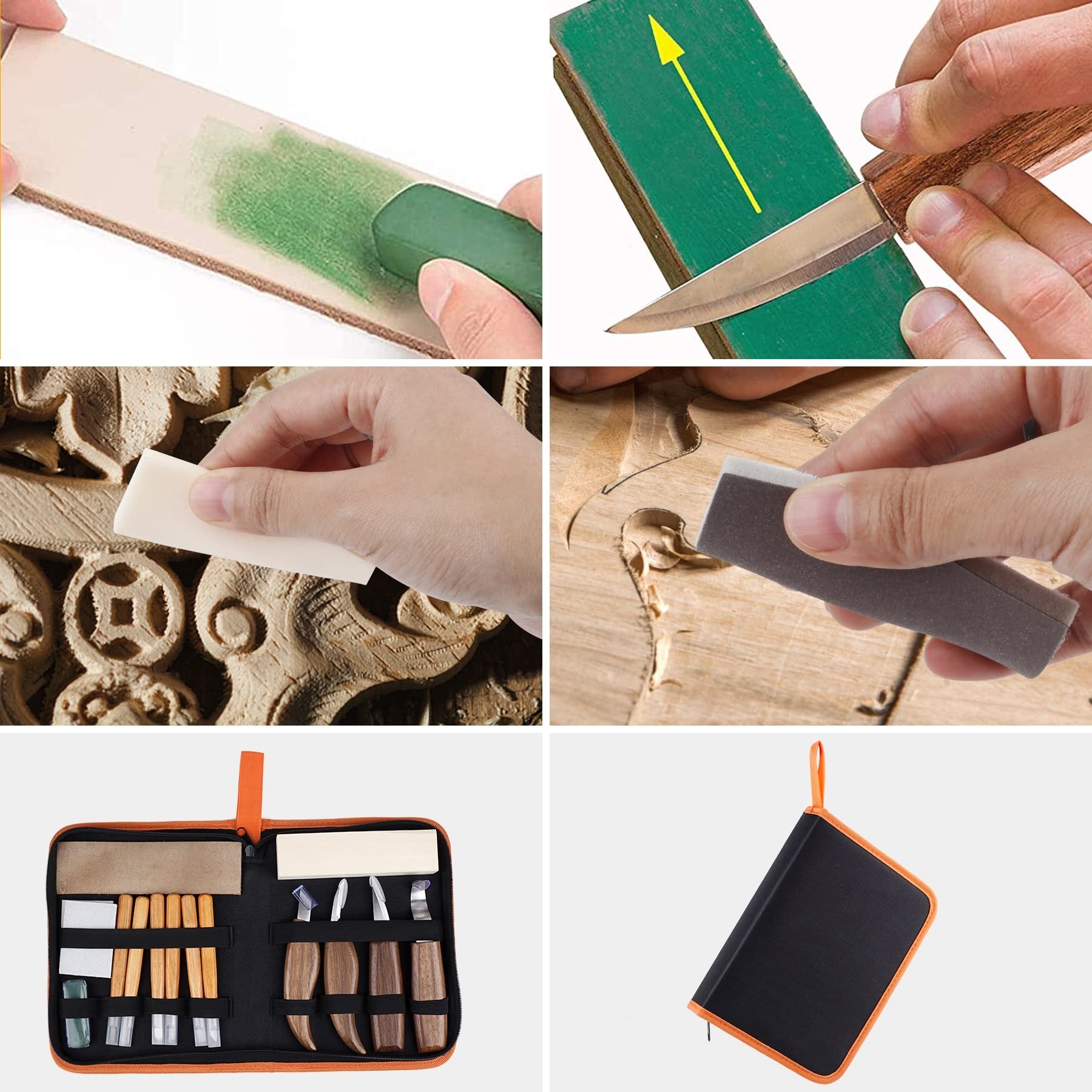 Collage showing wood carving kit contents and usage: sharpening a knife, sanding wood, and the open and closed kit.