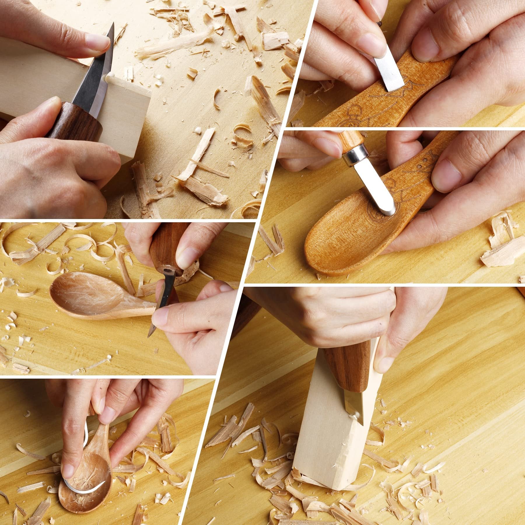 Collage of hands carving wood with knives and a planer, showing wood shavings and progress on a spoon.