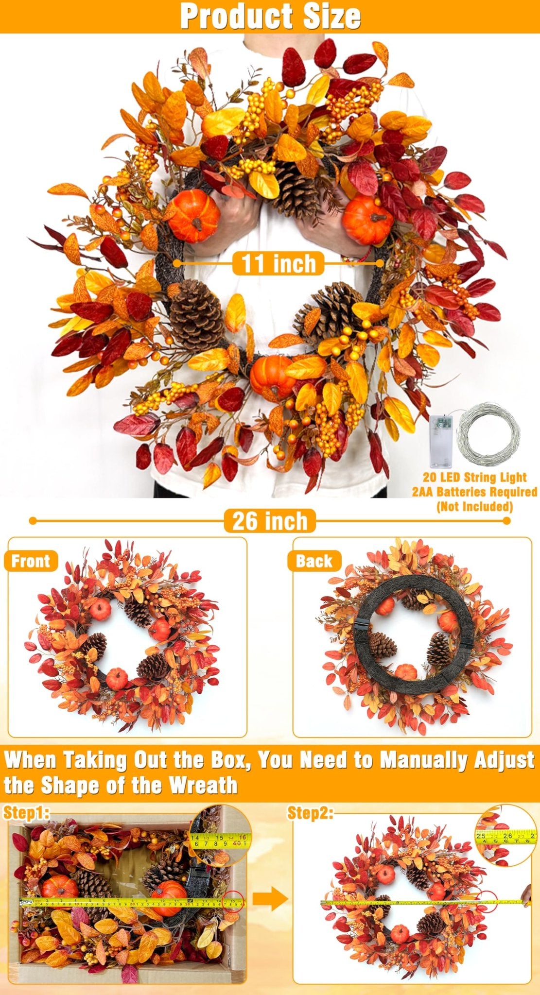 Foldable fall wreath with pumpkins, pinecones, berries, and leaves, shown with size indicators and instructions.