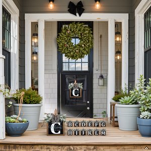 Front porch decorated with a large eucalyptus wreath and a wooden monogram sign with the letter C, surrounded by potted plants and alphabet blocks.