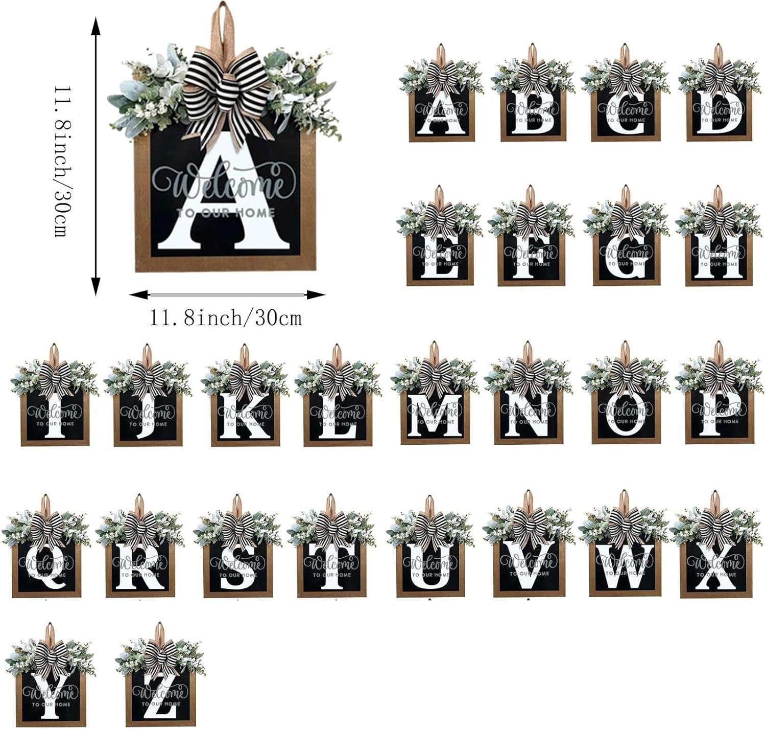 Collection of 26 wooden door hangers, each featuring a letter of the alphabet, eucalyptus garland, bow, and 'Welcome to Our Home' text.