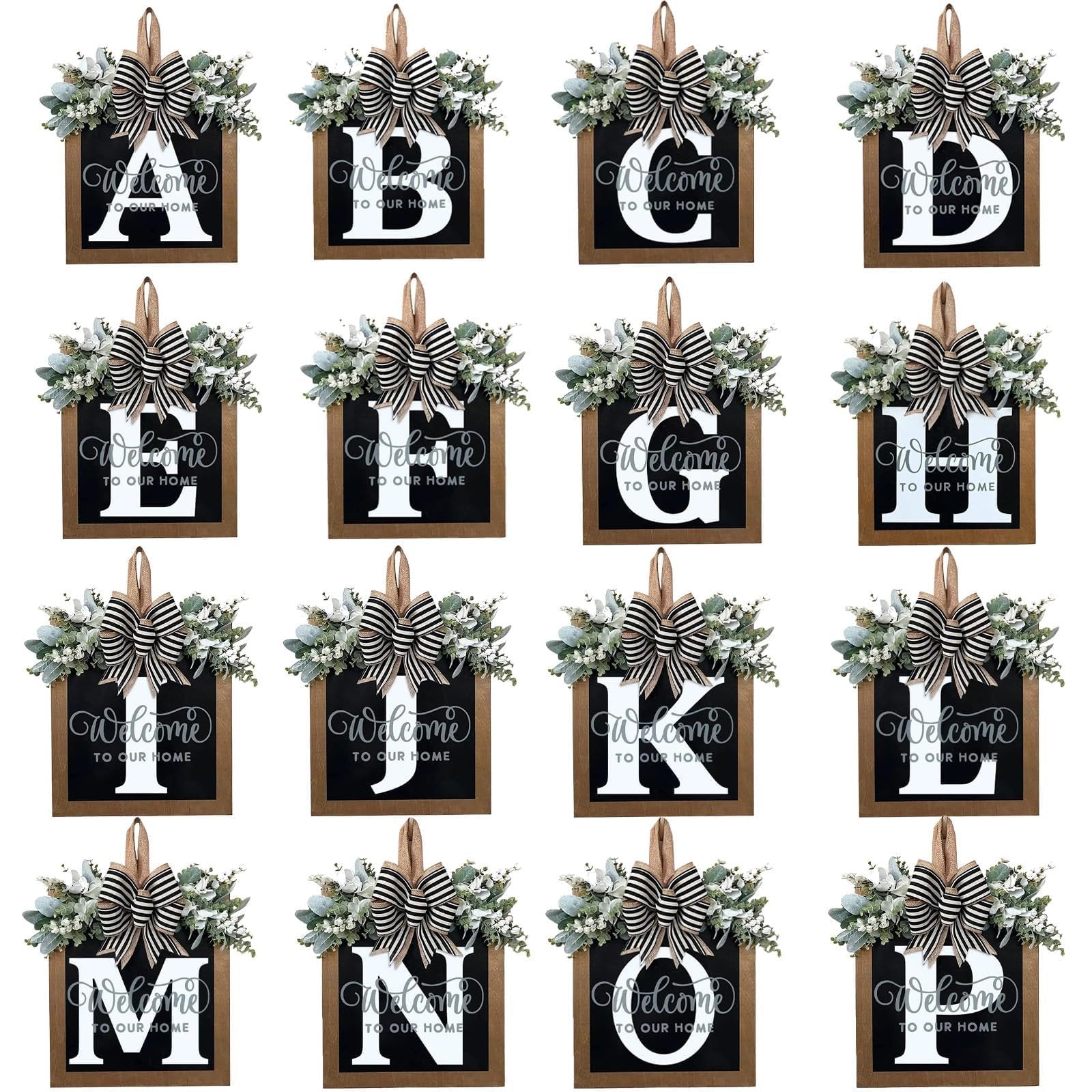 Grid of 16 decorative wooden door wreaths, each featuring a letter from A to P, eucalyptus garland, and a striped bow.