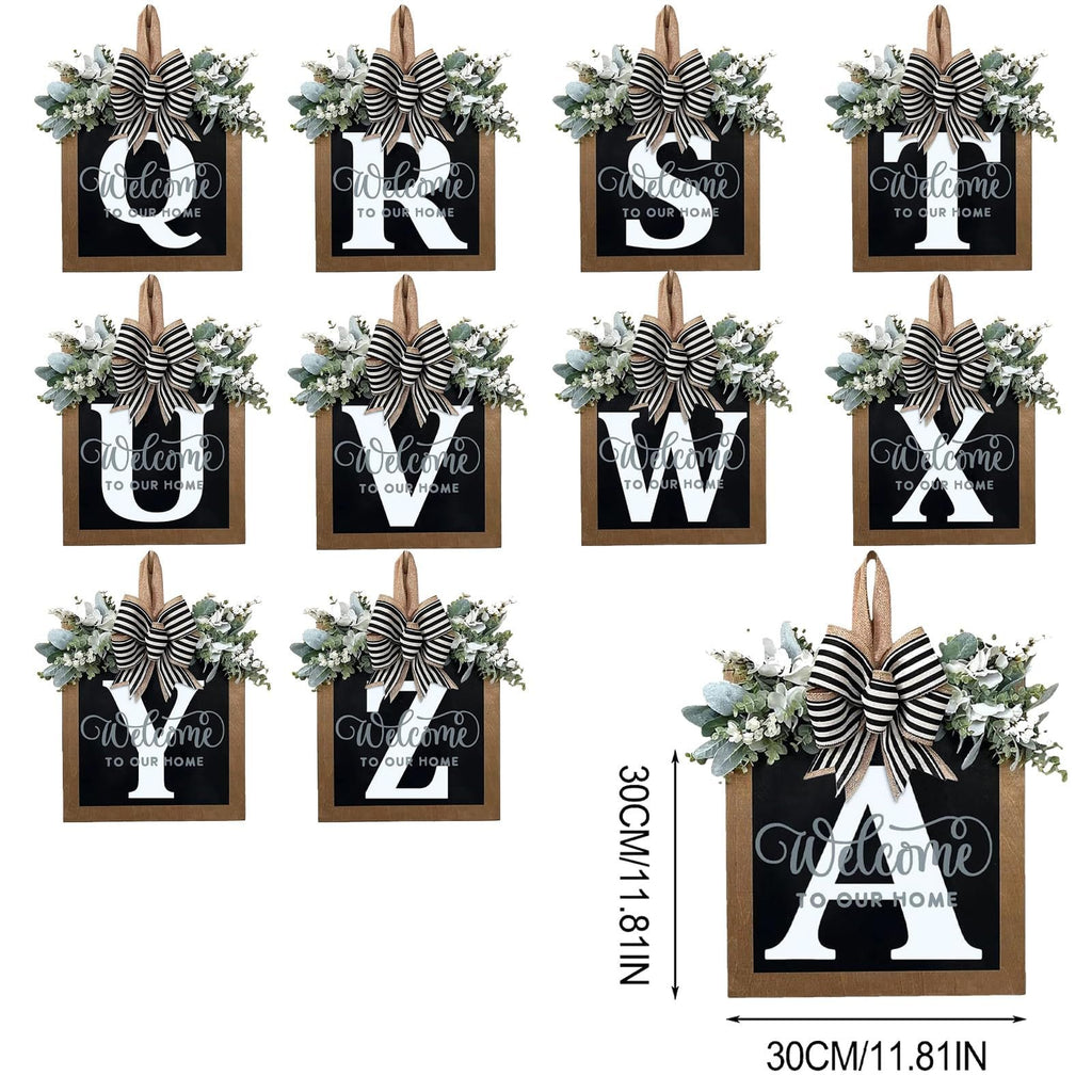 Collection of 26 letter door wreaths with eucalyptus garland and bows, showing letters Q through Z and A, with dimensions indicated.