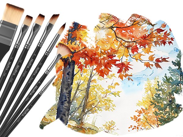 Assortment of paint brushes with black handles and various brush heads, arranged against a watercolor painting of autumn trees and leaves.