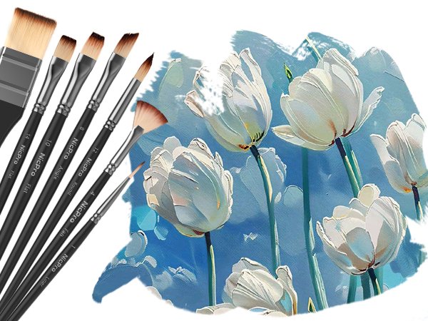 Set of paint brushes with various tip shapes displayed against a backdrop of white tulips painted in a blue sky.