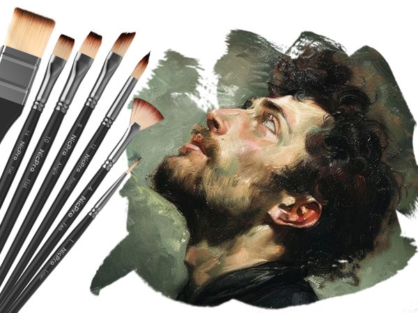 Assortment of paint brushes with various tips and sizes, displayed against a painterly portrait of a man's face.