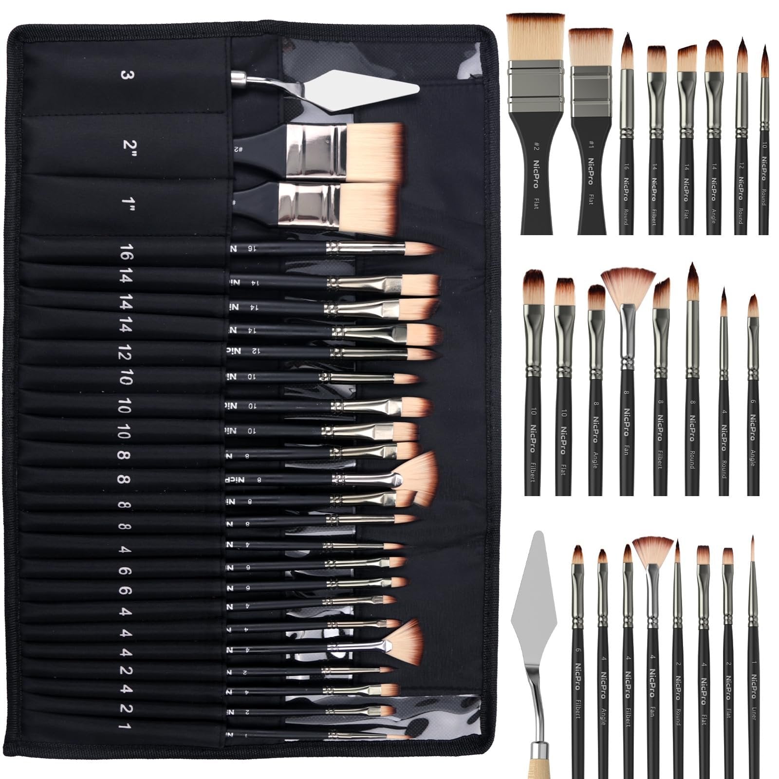 Paint brush set with palette knife and roll case, brushes displayed in case and laid out separately.