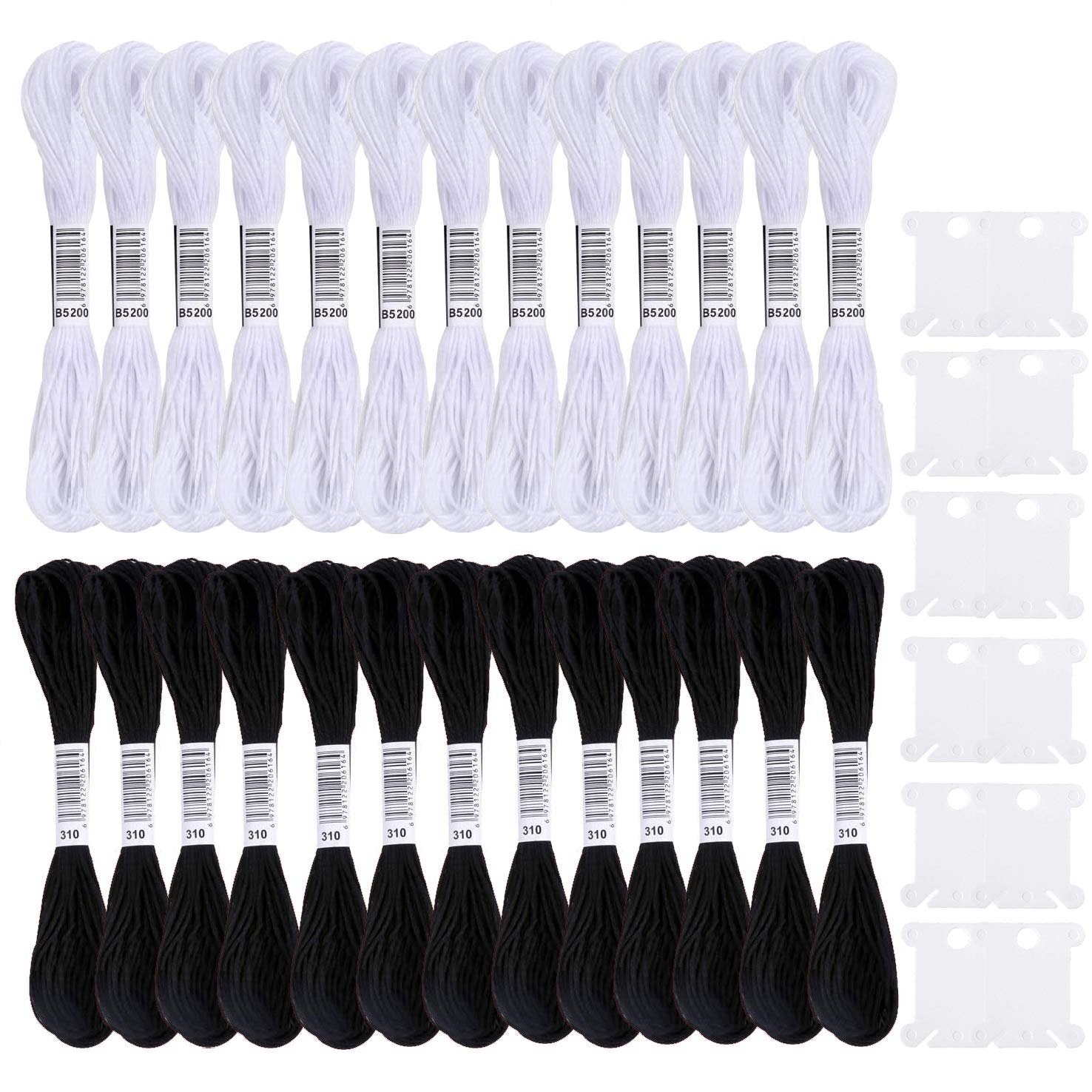 26 skeins of black and white embroidery floss with 10 plastic bobbins arranged on a white background.