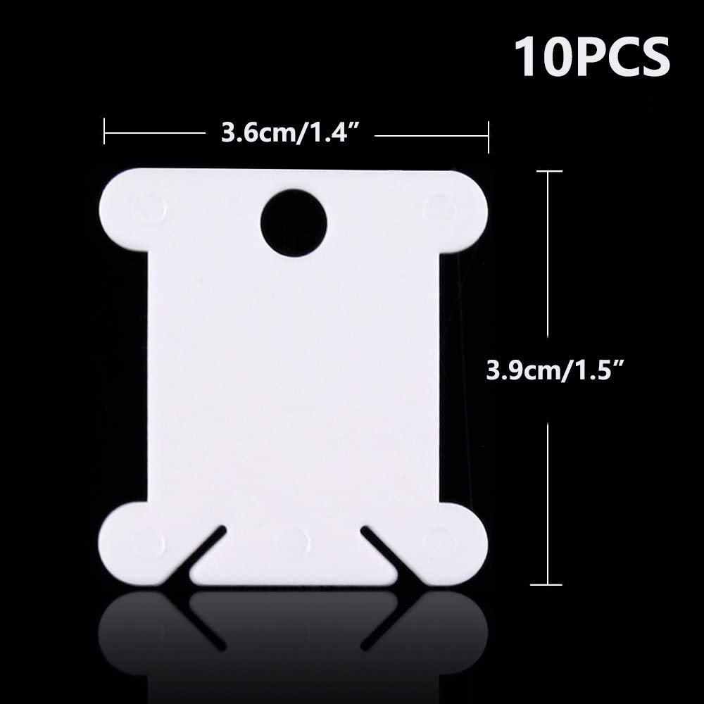 White plastic embroidery floss bobbin with dimensions 3.6cm/1.4" and 3.9cm/1.5" shown against a black background.