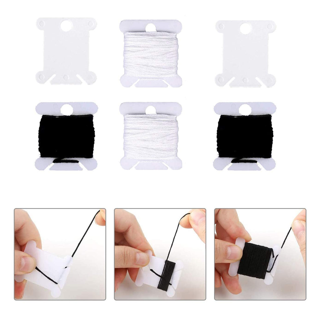 Three rows of embroidery floss on plastic bobbins, with three close-up images demonstrating how to wind floss onto a bobbin.