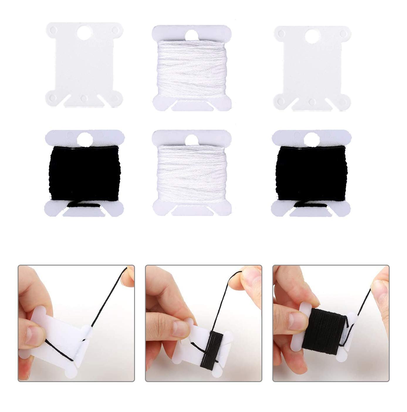 Three rows of embroidery floss on plastic bobbins, with three close-up images demonstrating how to wind floss onto a bobbin.