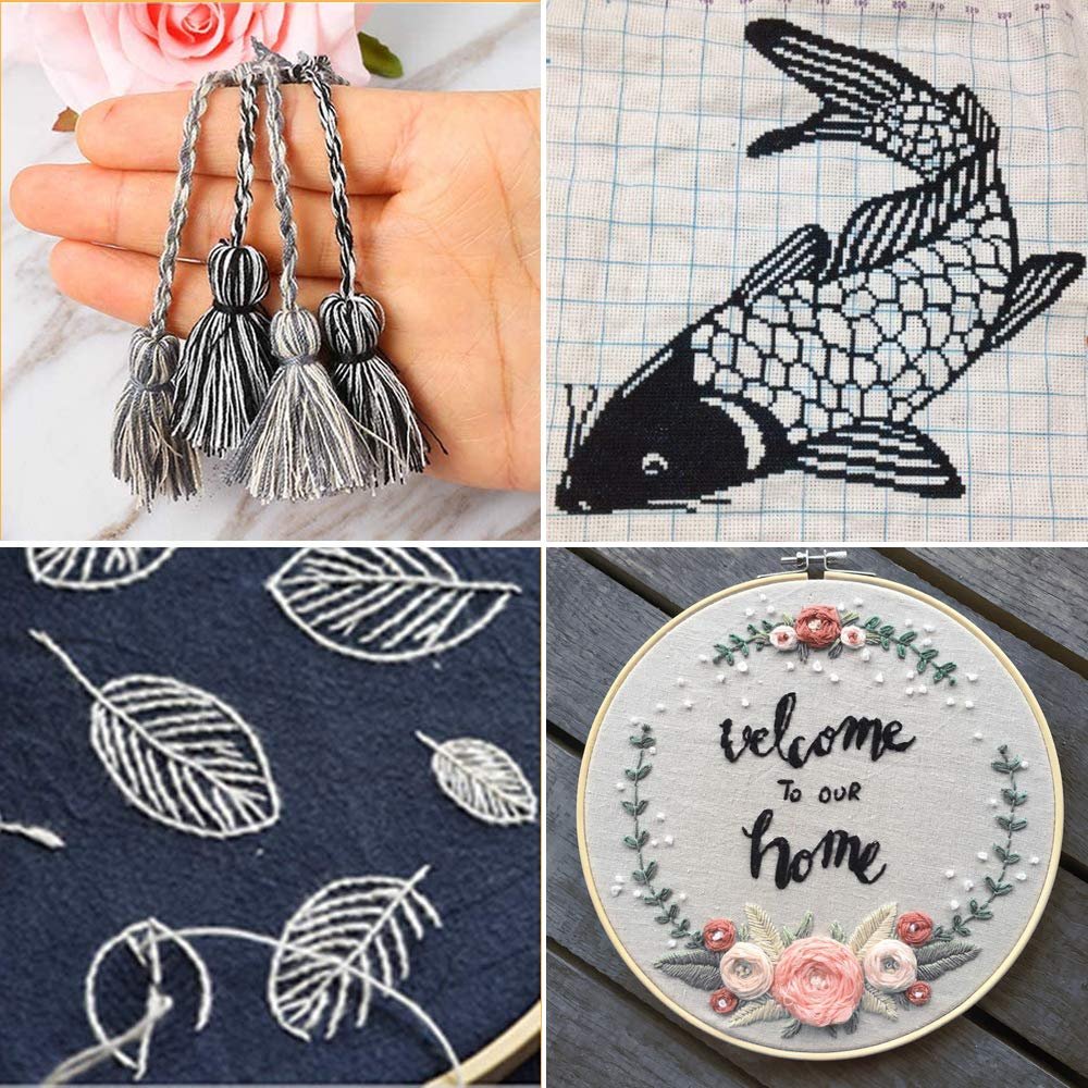 Collage of four embroidery and craft images: hand holding tassels, cross-stitch koi fish, embroidered leaves on fabric, and hoop art with text 'welcome to our home'.