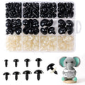 Assorted black safety eyes and clear washers in a divided plastic case, with individual eyes and a crocheted elephant shown below.