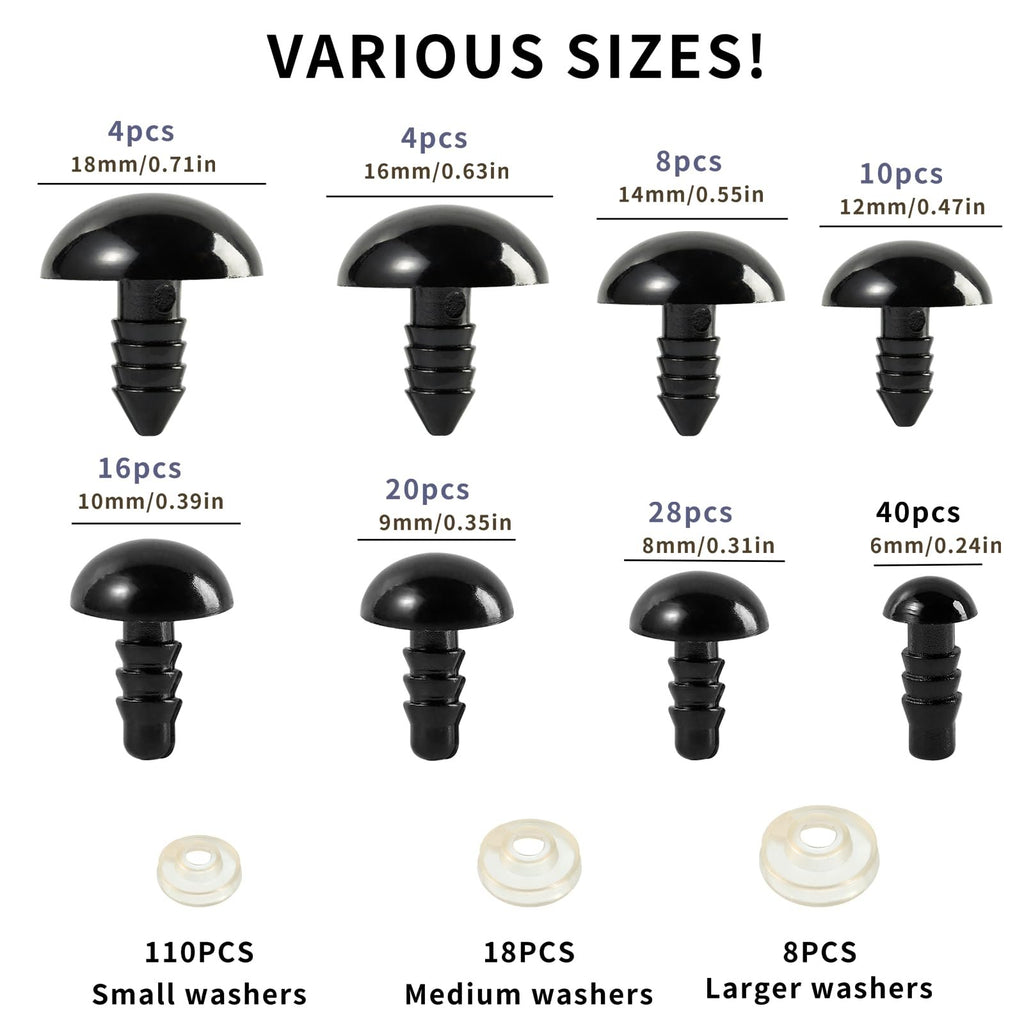 Assortment of black safety eyes in various sizes with clear plastic washers, displayed with size and quantity labels.