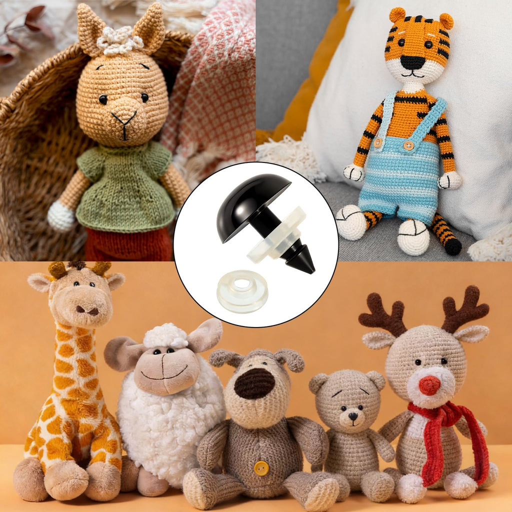 Crocheted stuffed animals including a rabbit, tiger, giraffe, sheep, dog, bear, and reindeer, with a close-up of a black safety eye and washer.