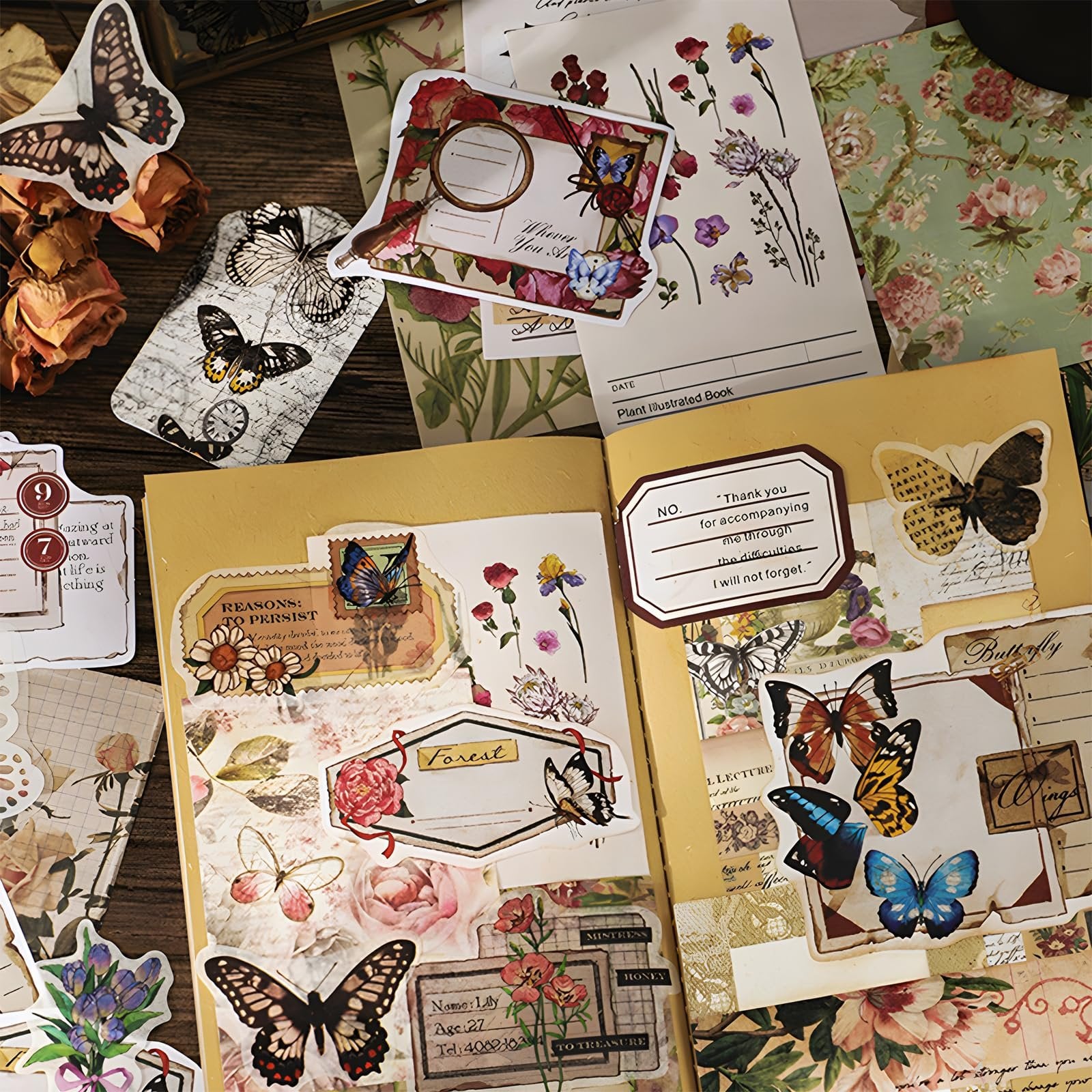 Scrapbooking supplies kit with vintage flowers and butterflies, including papers, stickers, and hangtags.
