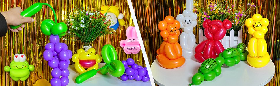 Assorted balloon animals and fruit sculptures on a table with a gold sequin backdrop