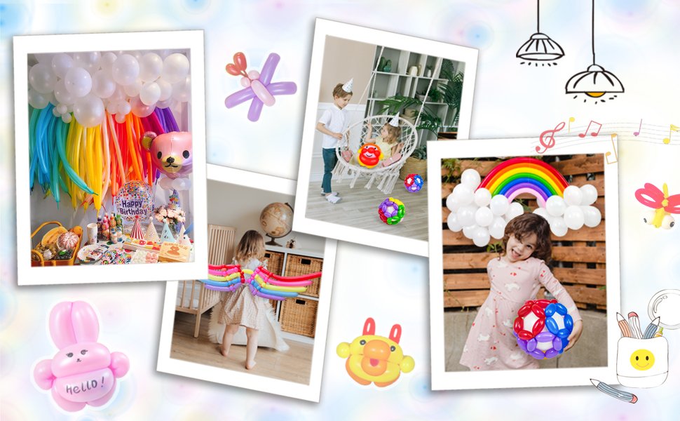 Collage of children and balloon decorations for parties, including balloon animals and arches.