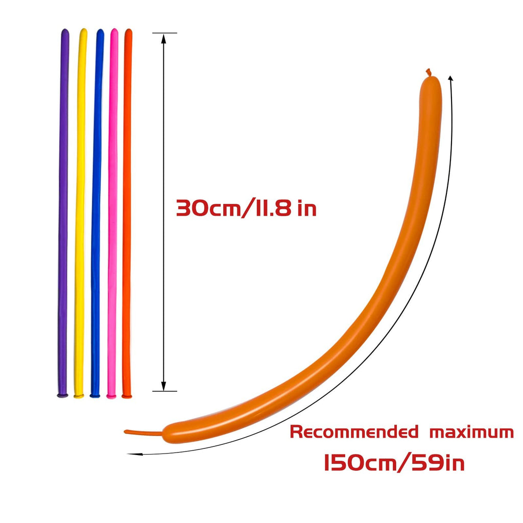 Assorted color twisting balloons shown with size indicators for uninflated and recommended maximum inflated length.