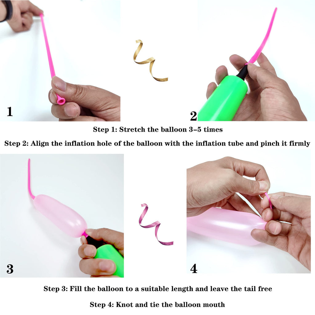 Collage showing four steps to inflate and tie a twisting balloon using a pump.