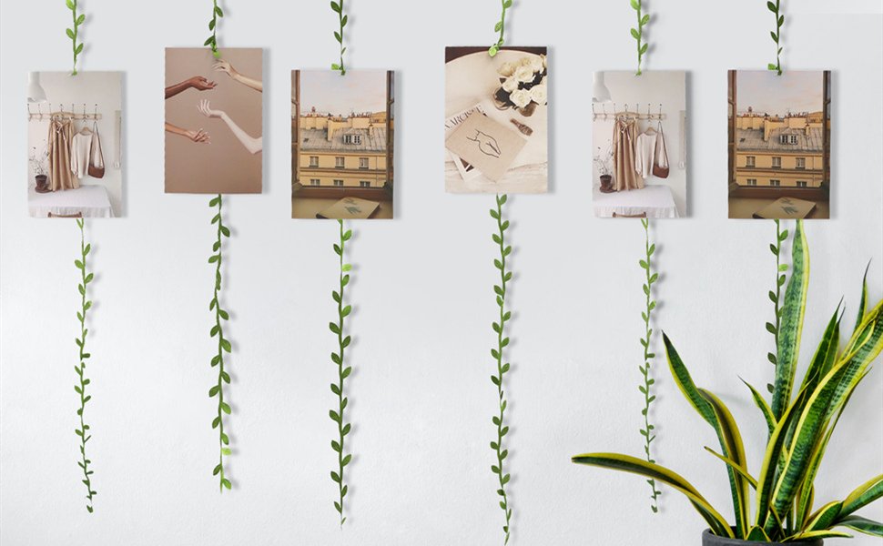 Artificial leaf vines hanging with framed pictures on a white wall, with a snake plant in the foreground.
