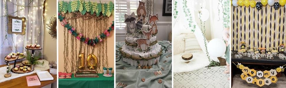 Collage of party decorations including cupcakes, a diaper cake with woodland animals, a teepee, and a bee-themed dessert table.