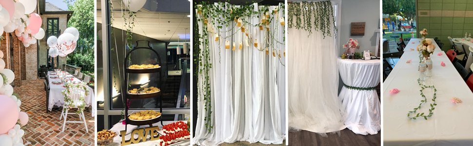 Collage of event decor: outdoor party with balloons and table setting, indoor dessert display, draped fabric backdrop with hanging tags, draped tulle backdrop, and long banquet tables with floral arrangements.
