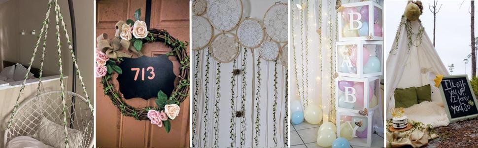 Collage of five scenes decorated with artificial leaf vines and floral elements, including a hanging chair, a wreath, a wall hanging, baby shower decor, and a teepee.