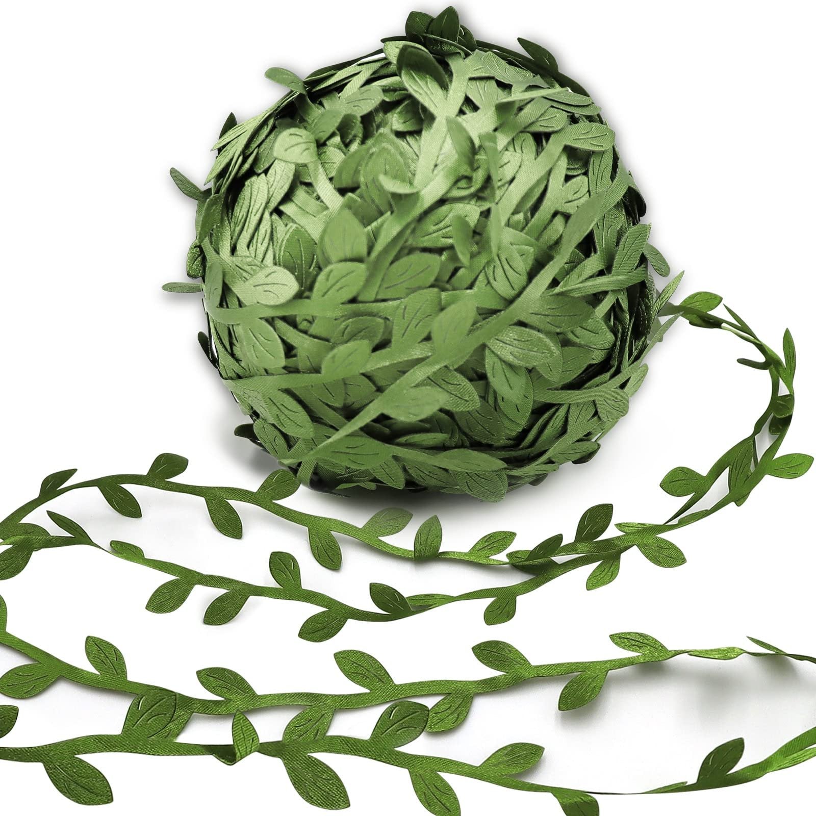 Roll of olive green artificial leaf vine ribbon with vine strands laid out in front on a white background