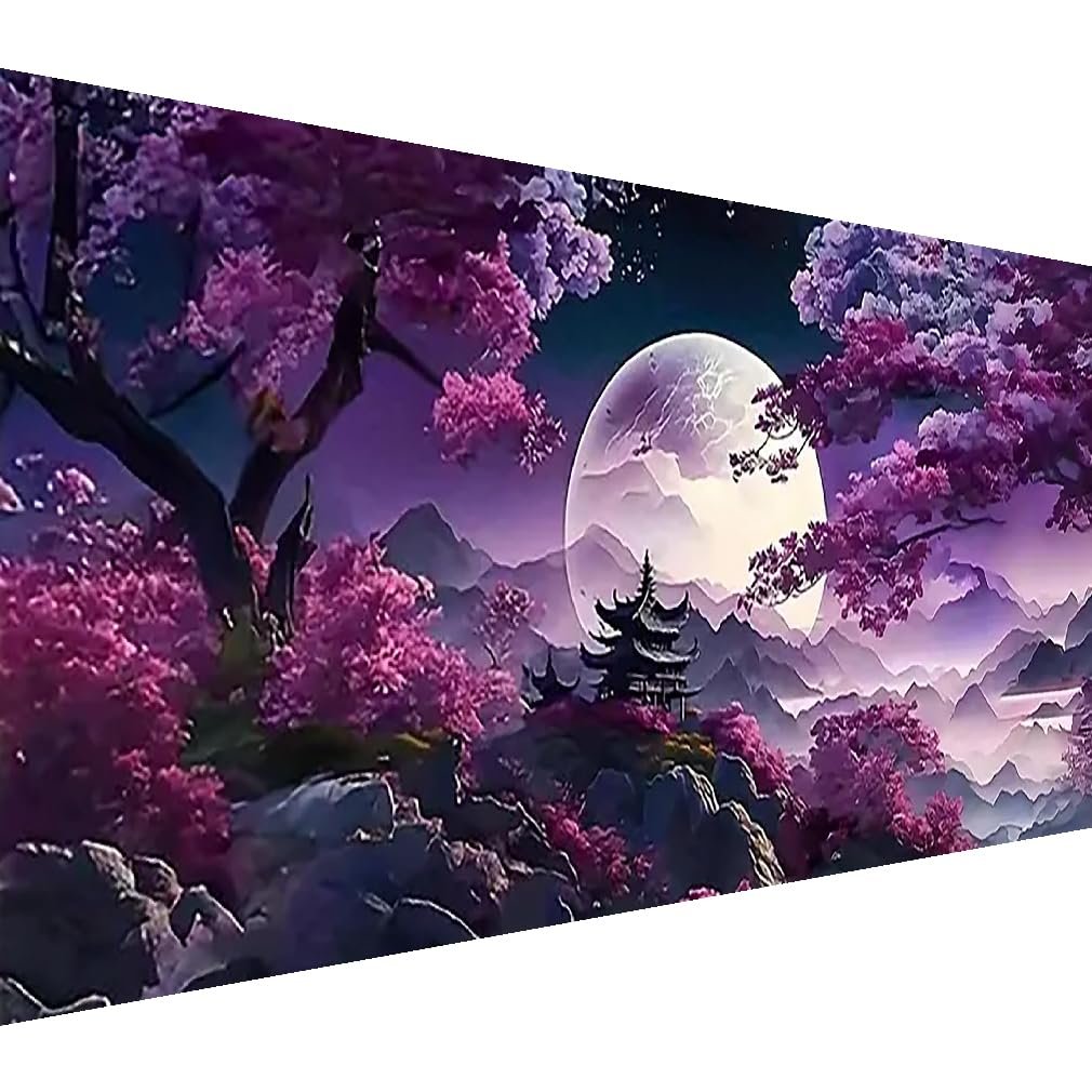 Diamond painting kit with a serene landscape featuring a large moon, traditional pagoda, and blooming cherry blossom trees.