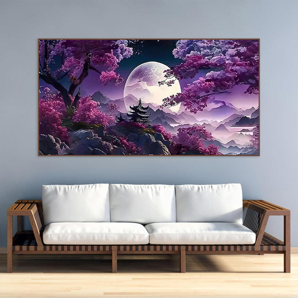 Diamond painting kit featuring a serene moonlit landscape with a pagoda and cherry blossoms.