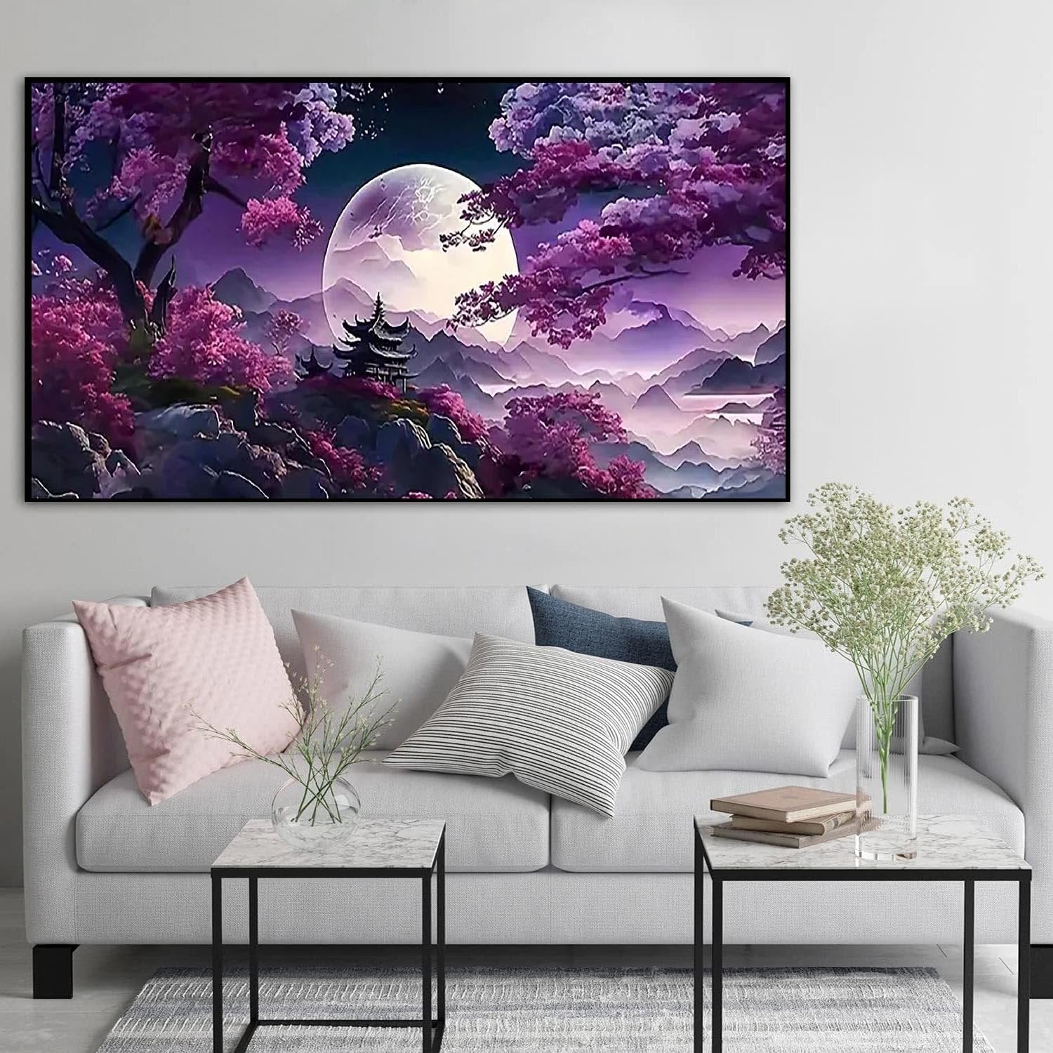 Diamond painting kit with a serene moonlit landscape featuring a pagoda, mountains, and cherry blossoms.